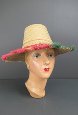Vintage Summer Straw Hat, 14 inch wide Brim, Red & Green 1960s