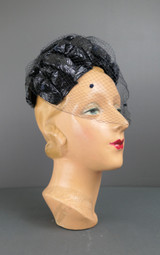 Vintage Dark Blue Half Hat Shiny Straw Raffia with Veil, 1960s, 21 inch head, Play Topper
