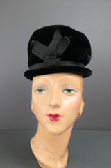 Vintage Black Velvet Tall Hat with Ribbon Tabs, 1960s, 21 inch head