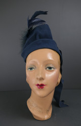 Vintage 1940s Blue Felt Topper Hat with Feathers and Long Ribbon, any size head, Holly Vogue Tilt