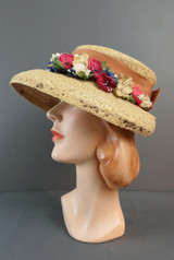 Vintage 1940s Floral Straw Hat with Ribbon & Wide Brim, damaged, 21 inch head