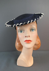 Vintage Dark Blue Saucer Hat with Pearls and Rhinestones, 1950s Homberger's