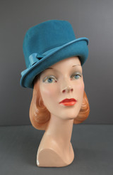 Cool Vintage Turquoise Felt Hat with Vinyl Trim, 1960s, 21 inch head