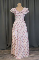 Vintage 1940s Pink Floral Cotton Gown, Flowers and Polka dots, 32 bust, Dance Dress, some stains