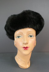 Vintage Dark Brown Fake Fur Hat Beret, Winter 1960s, 21 inch head