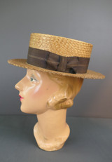 Vintage Men's Straw Boater Hat size 6-7/8 Head, 1920s Skimmer, Brown Ribbon