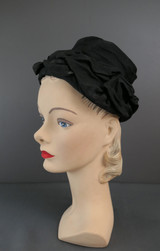 Vintage Black Fabric Hat, 1960s, Bucket, Gathered Fabric Loops, 21 inch head