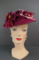 Vintage Dark Pink Felt Hat with Large Velvet Flowers, 1950s, Dramatic Tilt, Leslie James, 21 inch head