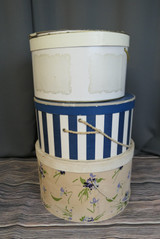 Lot of 3 Vintage Hat Boxes, Striped, Flowers, 1950s, with issues, 12, 13 and 14 inches wide
