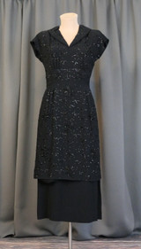Vintage 1940s Black Beaded Evening Dress: 36 bust, Noir, Sequin Flowers