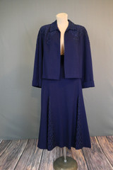 Vintage 1940s Dark Blue Suit with Rayon Cord & Beads, Evening, Open Jacket, Flared Skirt, 38 bust, 28 waist