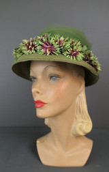 Vintage Green Straw Hat with Green and Purple Flowers, Wrapped in Tulle, 1950s by Lou Fritzel