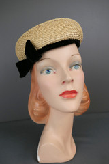 Vintage 1950s Natural Straw Hat with Black Velvet Bow, 21 inch head, Alfreda