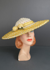 Vintage Wide Brim Hat Ivory & Yellow with Lemons, 1950s,  17 inches wide, straw and yarn