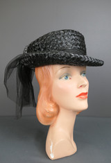 Vintage 1960s Black Straw Hat Covered in Netting with Sheer Black Scarf