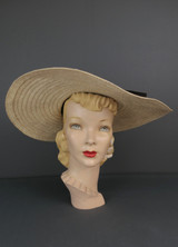 Vintage 1930s 18 inch Wide Brim Hat, Natural Straw with Open Top, Brown Ribbon, 22 inch head