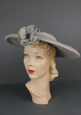 Vintage 1940s Grey Saucer Hat Wrapped in Tulle, Beaded Felt Flower, Francois Modes, 21 inch head, wide brim
