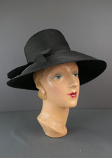Vintage Black Straw Wide Brimmed Hat 1950s 1960s, 21 inch head