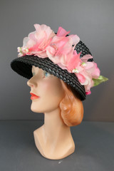 Vintage Black Straw Bucket Hat with Pink Flowers, 1960s, 22 inch head