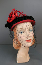 Vintage Red Floral Tilt Hat 1940s Straw with Rose and Black Velvet, 21-22 inch head