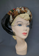 Vintage Black Felt Feather Hat 1940s, 22 inch head, Pheasant and Tails