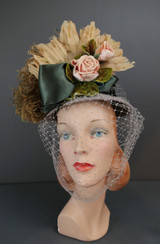 Vintage 1940s Tilt Hat with Dramatic Feathers, Grey Felt, Green Satin, Roses, 22 inch head
