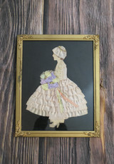 Vintage Ribbon Paper Doll 1940s Ivory Skirt with Lavender Flower Bouquet, 9x11 inches
