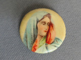 Vintage 1940s Religious Virgin Mary Button Pin, Lithograph on Tin, 7/8 inch