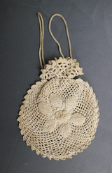 Vintage Crochet Purse, Edwardian Handmade Irish Lace 1900s, Small Round Finger Bag, 3-1/2 inches