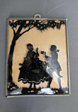 Small Vintage Reverse Paint Silhouette, Courting Couple, 1930s, Convex Glass in Frame 4x5 inches