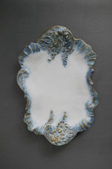 Antique White Opaque Milk Glass Dresser Tray with Blue and Gold Paint, Victorian 1800s, Vanity Dish, issues