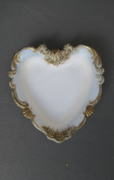Antique Heart Shaped Trinket Dish, Victorian Milk Glass with Gold Paint, Vanity, 4-1/2 inches