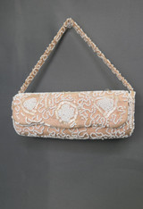 Vintage 1950s Beaded Linen Purse, Peach & White, Jolles, Small 8in Oblong, some missing beads