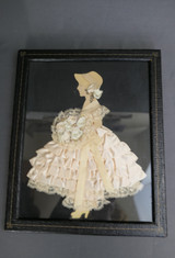 Vintage Pale Peach Ribbon Paper Doll 1930s, Full Skirt, Bouquet, Leather Frame, 9x11 inches