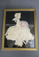 Vintage Ribbon Paper Doll Bouquet, Pantaloons, Ivory Full Shirt, 1930s, gold frame 8x11 inches