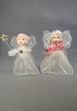 2 Vintage Pixie Angels with Porcelain Heads and Sheer Wings & Body, 1950s 1960s, pipe cleaner, mesh