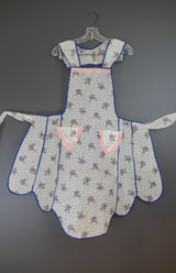 Vintage 1940s Full Apron Floral, Organdy with Pink Pleats and Blue Flowers, unused with label