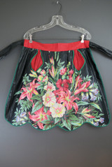 Vintage Black Floral Apron with Red Trim, 1950s, Polished Cotton