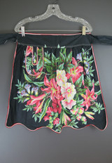 Vintage Black Bold Floral Apron 1950s, Red and White Trim