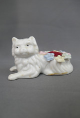 Vintage Persian Cat Pin Cushion, white porcelain with flowers