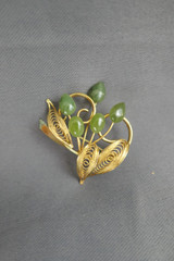 Vintage Gold Wire Filigree Brooch Floral with Faux Jade Stones, 1980s