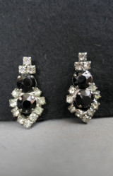 Vintage Black and Rhinestone Earrings, 1950s Clip on, Evening