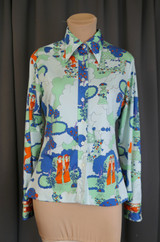 Vintage Ladies Print Blouse with Pointed Dagger Collar, 1970s Novelty Print, 36 bust, Ms. Shannon