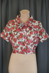 Vintage Dark Pink Floral Blouse with Tie Collar and fitted waist, 1960s 37 bust, dacron