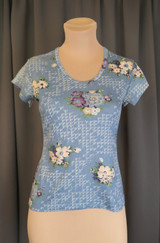 Vintage Blue Floral Nylon Shirt XS 30 bust 1970s, Pullover Top, issues