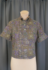 Vintage Brown Print Blouse 1960s Cotton, 34 bust, Pullover, dark print