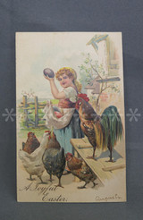 Vintage Joyful Easter Postcard, Girl Eggs and Chickens, 1908, embossed divided back, Germany