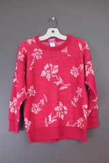 Vintage 1980s Girl Dark Pink Sweater, Floral Knit Tween Teen, 32 chest