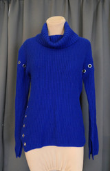 Vintage 1980s Blue Sweater with Silver Gromets and Cowl Neck, 36 bust, 1990s