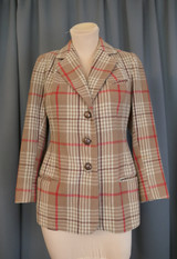 Vintage Brown Plaid Tailored Suit Jacket 1970s, 35 bust, Ivory and Red